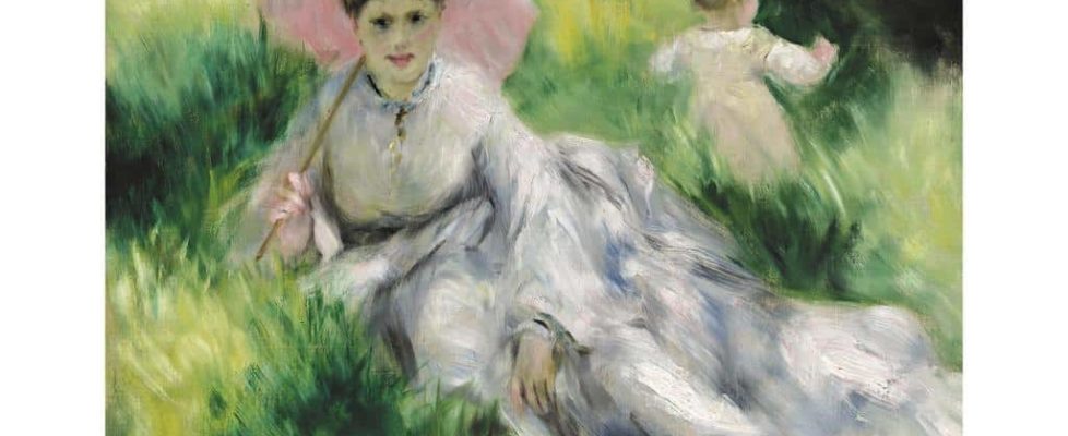 Woman with a parasol and small child on a sunlit hillside, Pierre Auguste Renoir
