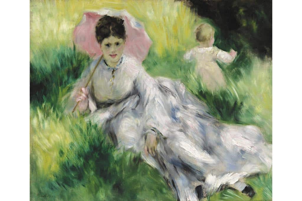 Woman with a parasol and small child on a sunlit hillside, Pierre Auguste Renoir