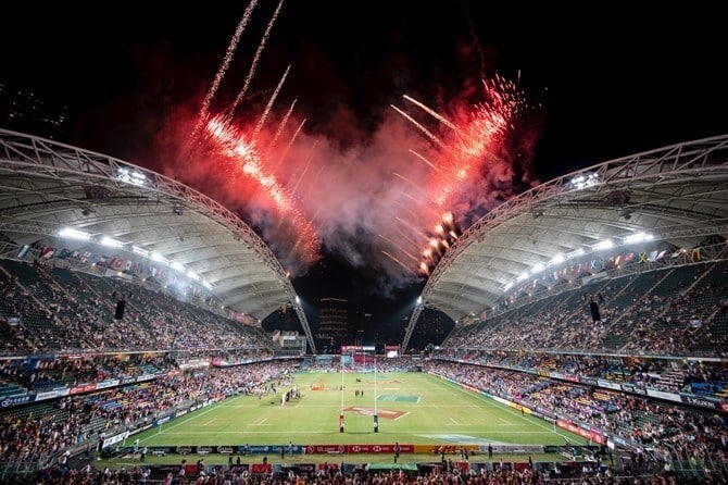 hong kong stadium with fireworks 
